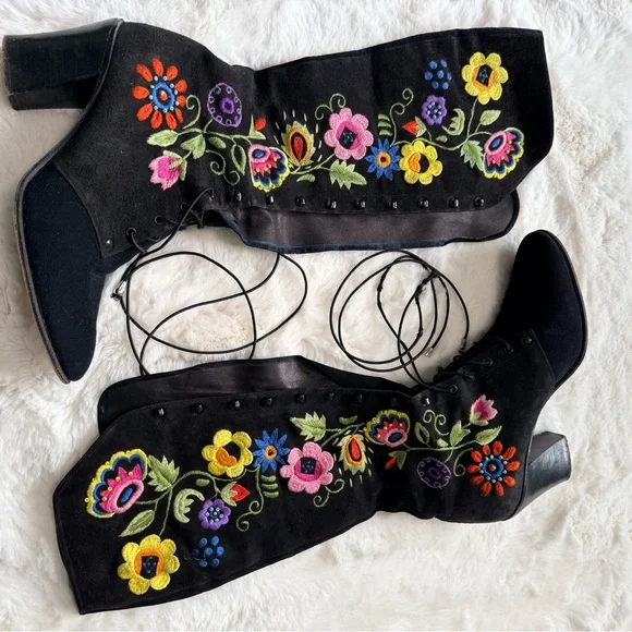 💫STUNNING RARE 60s 70s Enosis Greece Jerry Edouard Embroidered Black Gogo Boots - Picture 14 of 15